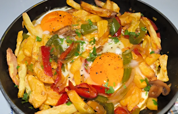 Fried Eggs with Fries and Peppers | Easy Portuguese Comfort Dish